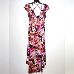 Blue Leopard Floral High Low Criss Cross Strap Ruffle Maxi Dress, Size 3XL